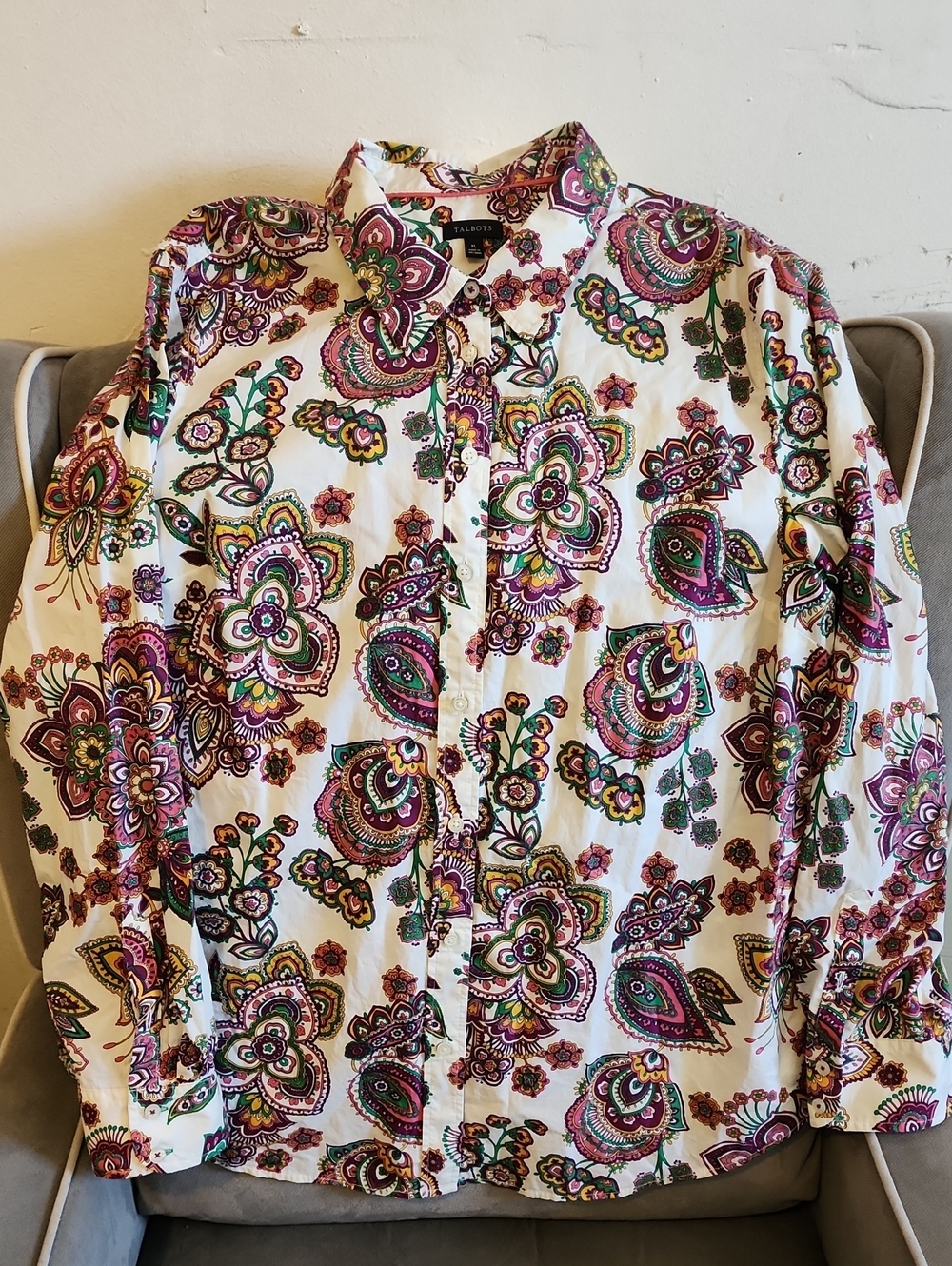 Talbots Womens White Button-Down Shirt with Multicolor Paisley Print